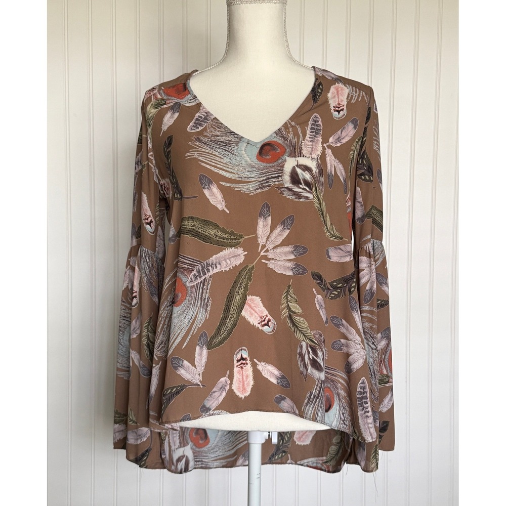 Buddy Love Boho Peplum Blouse Feather Print Flowy Top Womens XS Festival‎